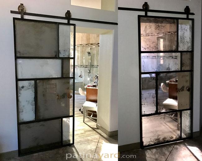 random antique mirror artistic barn door with blacken steel frame