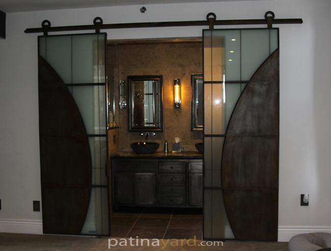 industrial artistic metal and glass barn door