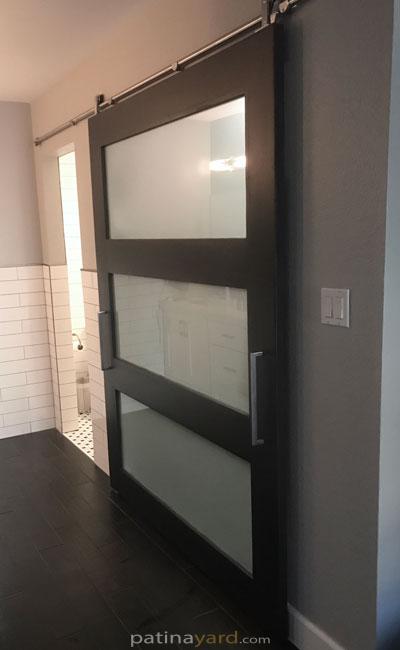 satin glass and wood shaker barn door