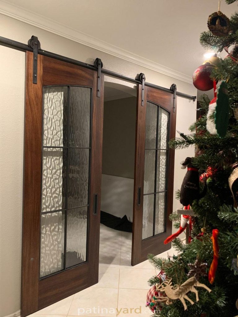 mahogany wood glass and metal barn door
