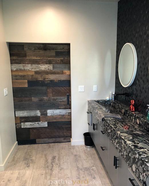 powder room reclaimed wood barn door
