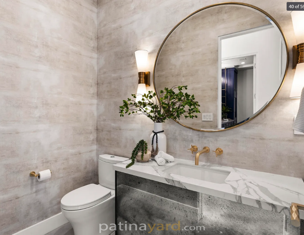 custom antique mirror vanity in powder room
