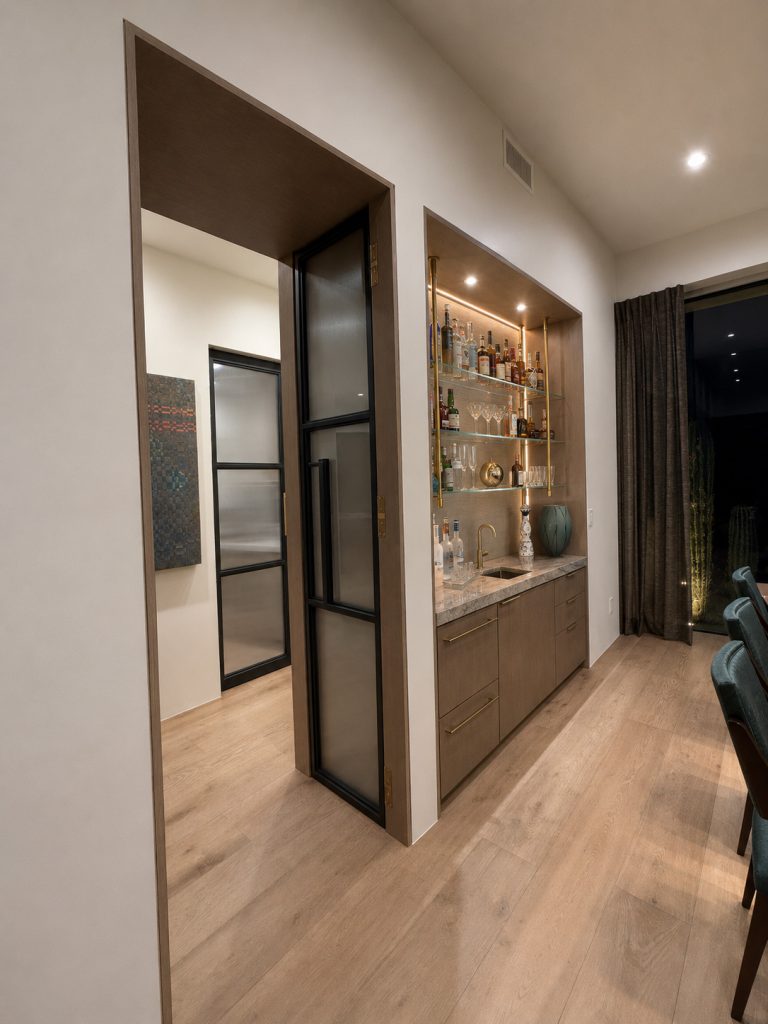 Hinged Pocket Door Black steel frame and fluted glass