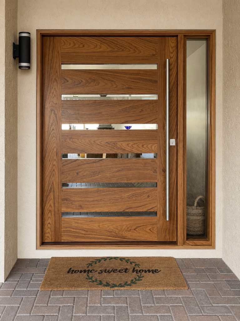 custom teak pivot door with slotted glass